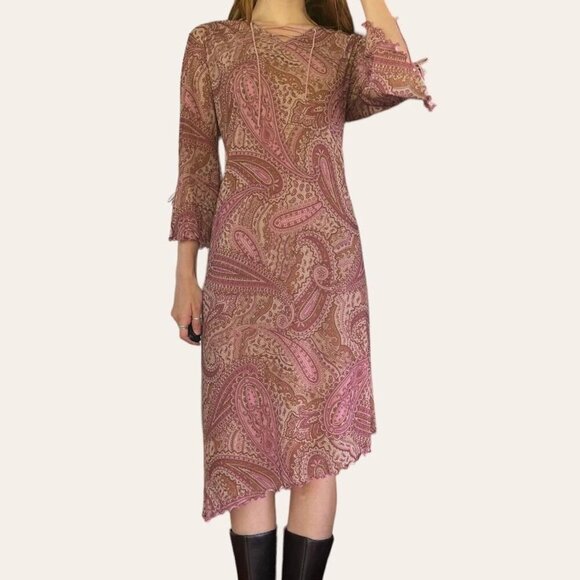 90s vintage boho mesh asymmetric paisley midi dress - Expressions Large - Picture 3 of 8
